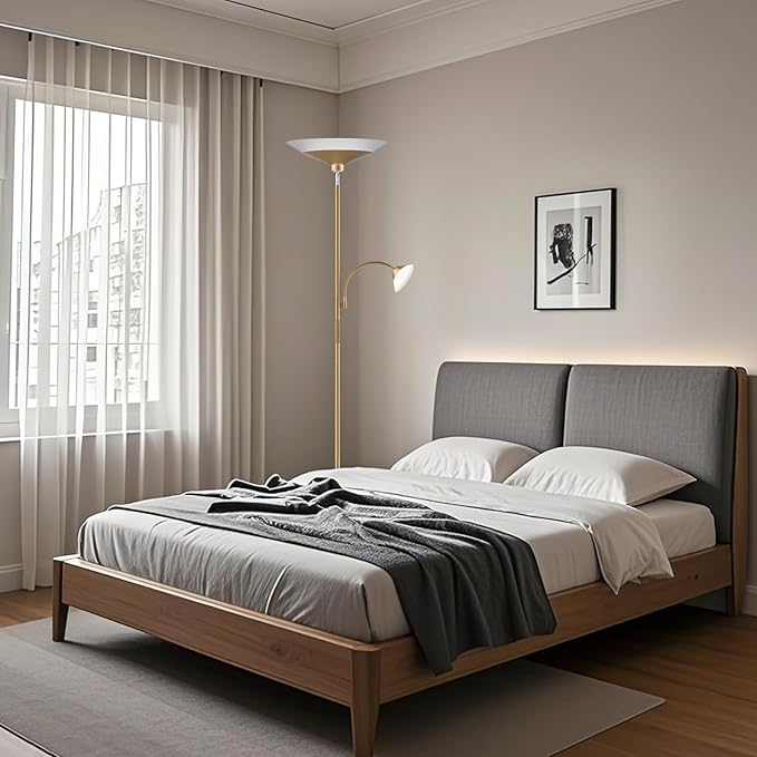 Gold Torchiere Floor Lamp - 2 Way LED Standing Lamp with Reading Light, Dimmable 72'' Tall Lamp with Remote Color Changing, 34W Mordern Uplighter for Living Room Bedroom Office