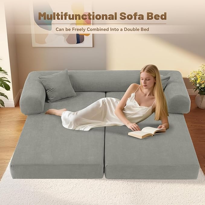 Convertible Futon Sofa Bed,80" Folding Pull Out Couch Bed with Storage,Queen Sleeper Sofa Bed,Compressed Couch in a Box,Corduroy Boneless Couches for Living Room,Light Grey