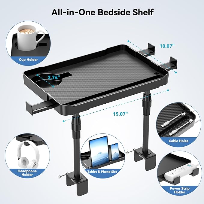 Bedside Shelf Bunk Bed Shelf Bedside Organizer Adjustable Height Top Bunk Bed Accessories Nightstand Tray with Cup Holder Clip On Bedside Table Tray Headboard Shelf Organizer College Dorm Room Black