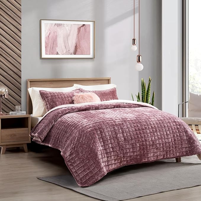 RECYCO Luxury Velvet Quilt Set Twin/Twin XL Size, Lightweight Velvet Comforter Set, Oversized Bedspread Coverlet Quilted Bedding Set, with 1 Matching Pillow Sham, for All Season, Dusty Mauve Pink