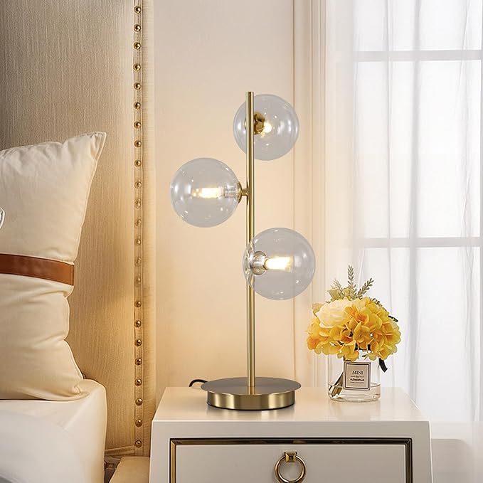 Glass Table lamp Gold,3-Globe Table lamp Tall,Reading Lamp for Bedroom Living Room Study Room