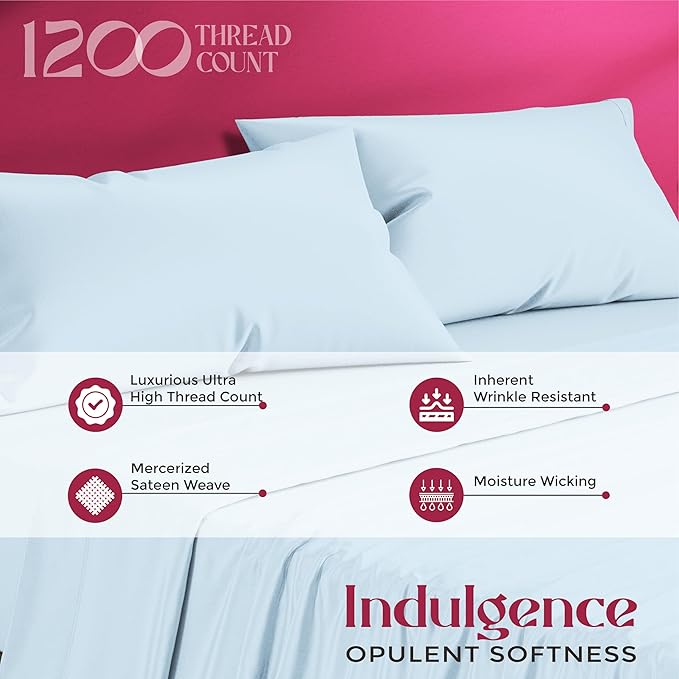 Mayfair Linen 100% Egyptian Cotton Full Size Bed Sheets - Luxury 1200 Thread Count Egyptian Cotton Sheets Full Size Bed Set (4 PC, Light Blue), Soft, Cooling, 17" Deep Pocket Sateen Weave Bedding