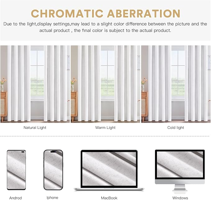 PrinceDeco 100% Blackout Curtains Nature Linen Blended 84 Inch Long Room Darkening Solid Black Out Curtains for Living Room Thermal Insulated Nickel Grommet 2 Panels Set - Heathered White