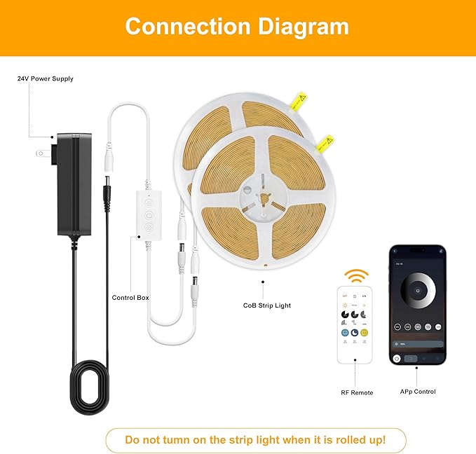 COB LED Strip Lights Cool White,24V Dimmable led Light Strip KIT with Remote and app Control,6000K 65FT/20m 8mm Wide Ra>90 Cuttable Flexible Strip Lights for Bedroom,Shelf,Cabinet