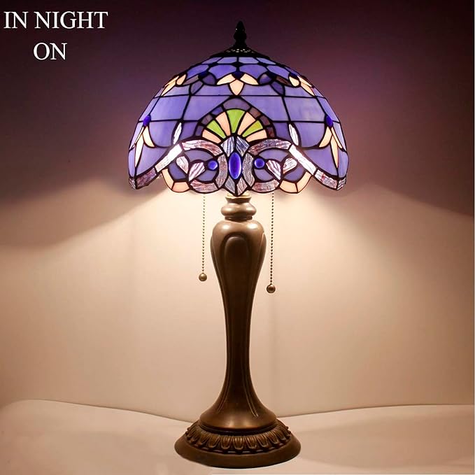 WERFACTORY Tiffany Lamp Stained Glass Table Bedside Lamp 12X12X22 Inches Blue Purple Baroque Style Lavender Reading Desk Light Decor Bedroom Living Room Home Office S003C Series