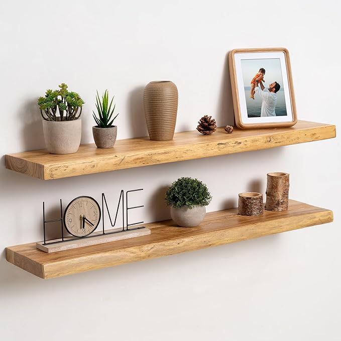 fuqing Live Edge Floating Shelves for Wall 36 inch, 8 Inch Deep Solid Elm Wood Floating Wall Shelves - Rustic Wooden Shelves with Invisible Brackets for Living Room Bedroom Kitchen, 2 Pack, Natural
