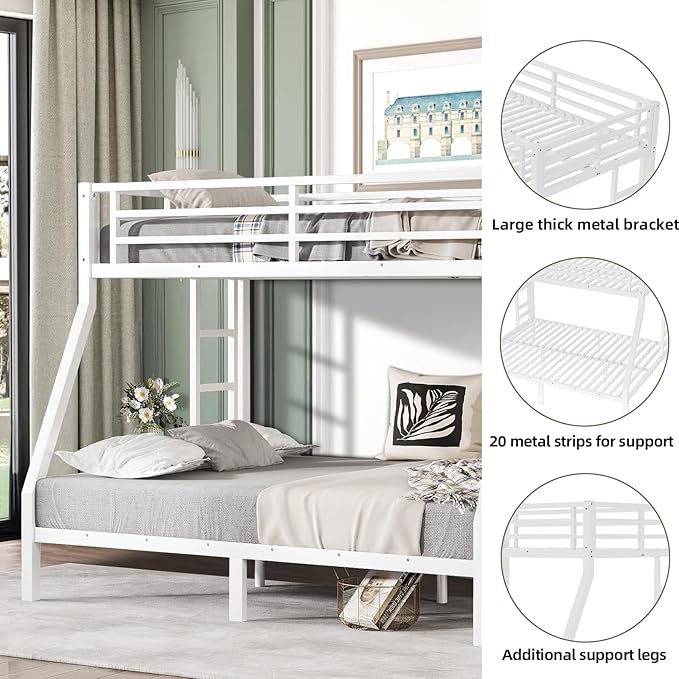 Twin Over Full Bunk Bed Frame, Heavy Duty Metal Loft Bed for Adults/Teens, 250/350LB Capacity w/Ladder & Guardrail, Noise-Free Steel Slats, No Box Spring Required, White