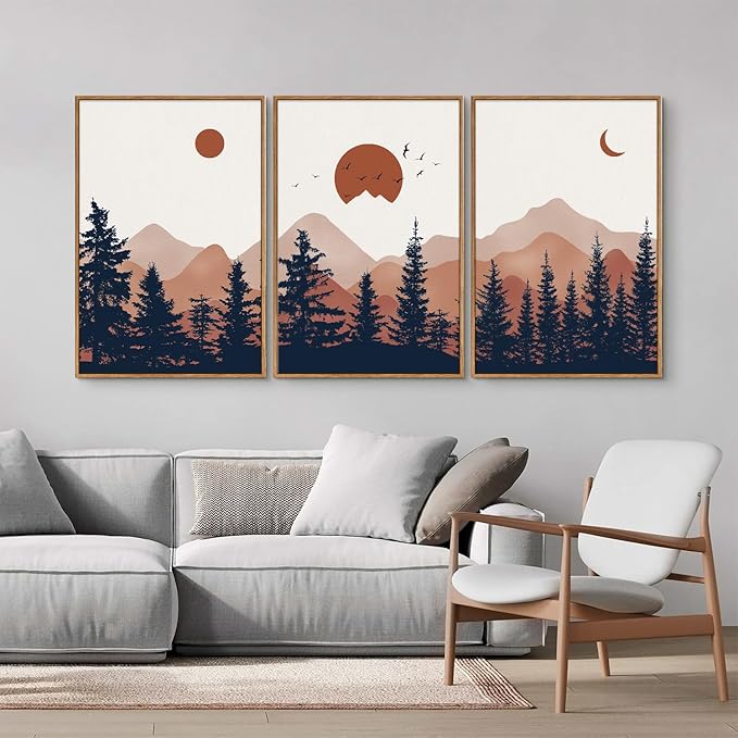 YeeHomedec Large Boho Mountain Framed Canvas Wall Art, Mid Century Modern Wall Decor, Nature Sunset Landscape Art Painting, Wood Pine Trees Artwork for Living Room Bedroom Office Farmhouse 16"x24"x3