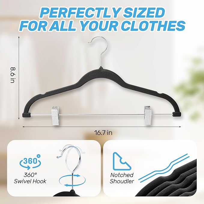20 Pack Velvet Pants Hangers with Adjustable Clips, Heavy Duty Slim Non-Slip Flocked Hangers, Space-Saving Felt Clothes Hangers for Pants, Skirts, Jeans, and Dresses(Black)