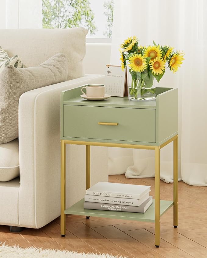 Masupu Nightstand,Bedside Table 3-Tier Modern Night Stand with Storage Drawer and Shelf,Small End Side Table for Bedroom,Living Room,Black (Without Outlet, Green)