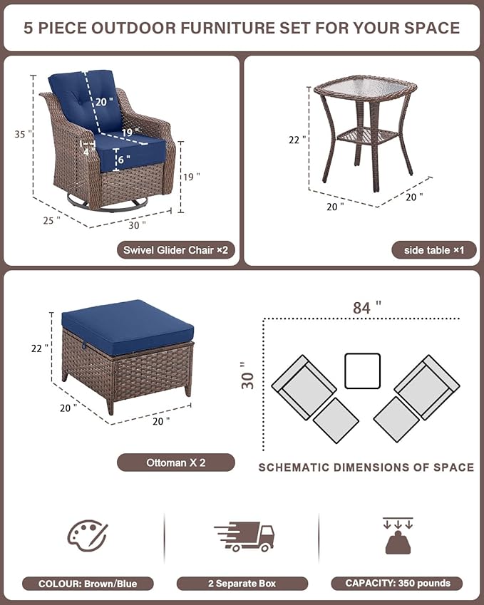 Belord 5 Piece Wicker Patio Furniture Set with Ottoman - High Back Outdoor Swivel Rocker Glider Chairs with Glass Top Side Table,28D High-Density 6" Removable Blue Cushion for Deck Porch Backyard