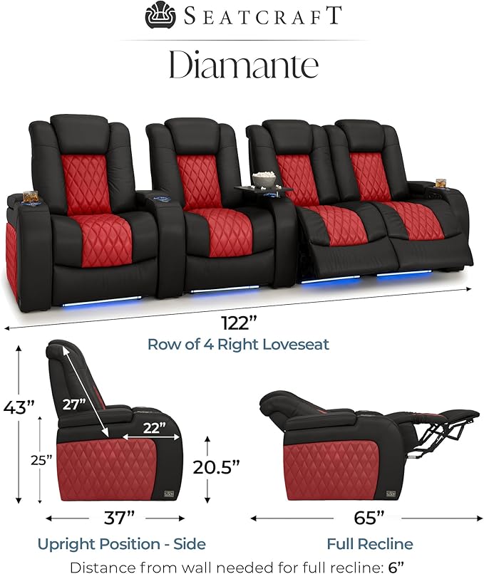 Seatcraft Diamante Zero-Gravity CoolZero Italian Leather Home Theater Seating, Power Headrest, Power Recline, Row of 4 Right Loveseat, Black/Red