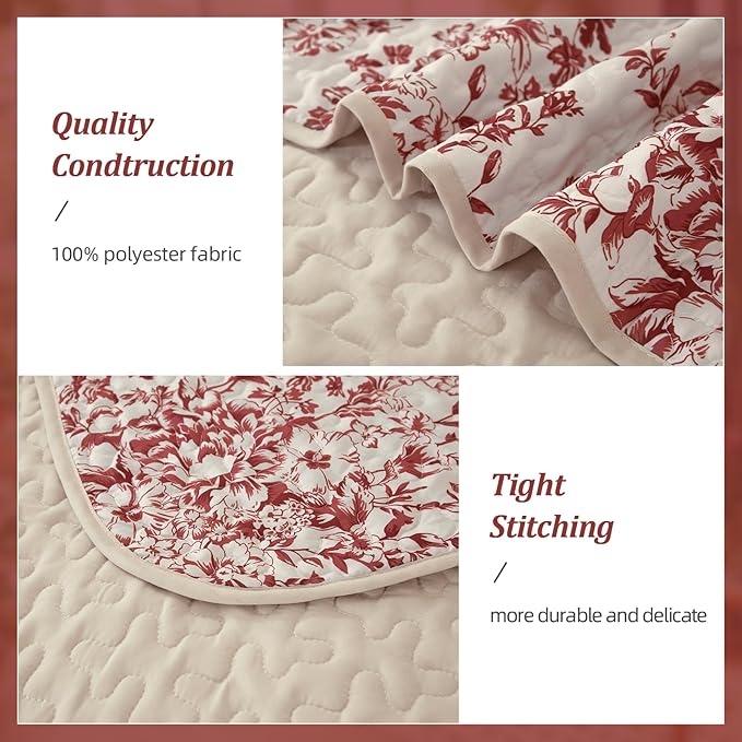 WONGS BEDDING Quilt Queen Size, Christmas Red Quilt Bedding Set with 2 Pillowcases, Botanical Quilts for Queen Bed, Soft Microfiber Lightweight Coverlet Bedspread for All Season (96"×90", 3 Pieces)