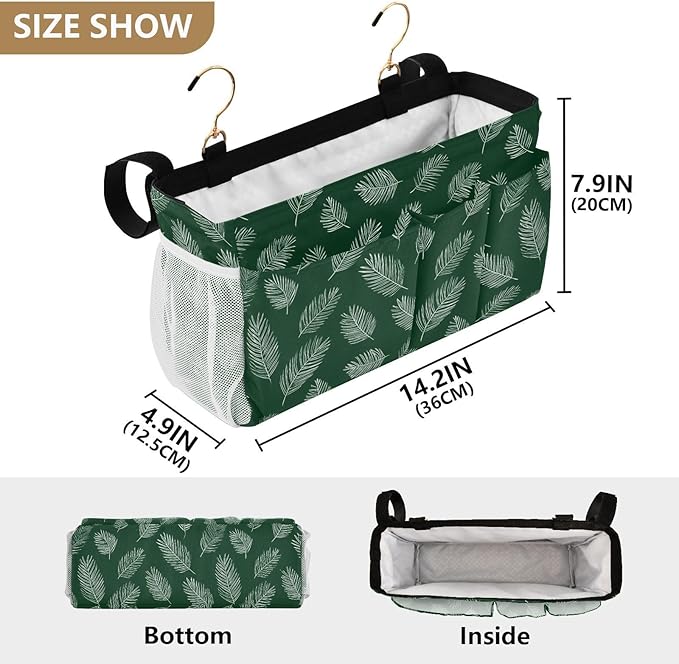 Bedside Caddy Hanging Bunk Bed Caddy Bed Organizer Hanging Pocket with 2 Hooks Bedside Storage Organizer Pocket Bag Holder Green Simple Palm Leaf