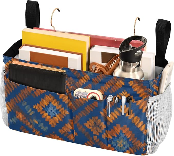 Bedside Caddy Hanging Bunk Bed Caddy Bed Organizer Hanging Pocket with 2 Hooks Bedside Storage Organizer Pocket Bag Holder Blue Orange Diamond Tie-dye