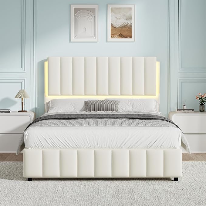 Queen Bed Frame with Headboard and LED Lights, Modern Upholstered Faux Leather Platform Bed with Wooden Slats Support, No Box Spring Needed, Easy Assembly, Cream