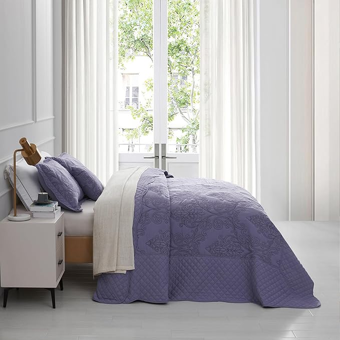 CHIXIN Bedspread Coverlet Quilt Set Full Size - Lightweight Bedding Cover - Beautiful Stitching - 5 Piece Reversible Bedspread - Luxury Damask Paisley Pattern (Full, Lavender)