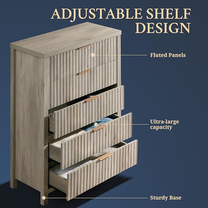 5 Drawers Dresser for Bedroom, 44 Inches Tall Modern Bedroom Dressers, Chest of Drawers for Bedroom, Fluted Dresser for Closet Organizer for Living Room, Hallway, Entryway (Grey Oak, 2 Pieces)