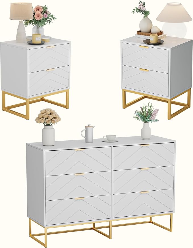 Anbuy 3 Pieces Bedroom Sets 6 Drawer Dresser and Nightstand Sets for Bedroom, Night Stand Set of 2 & 6 Drawer Dresser with Gold Handles, Morden Wood Chest of Drawers Storage Cabinet Set, White