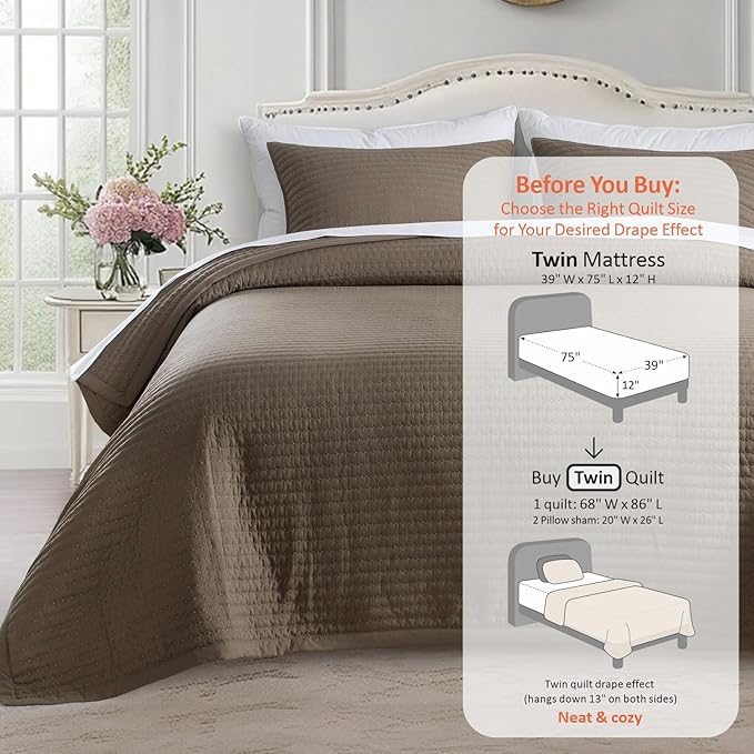 KASENTEX Twin Quilt Set 68"x86" – Soft Washed 3-Layer Lightweight Bedspread, Minimalist Nordic Design, All-Season Spring & Summer Quilt Set (1 Quilt + 2 Pillow Shams), Cub