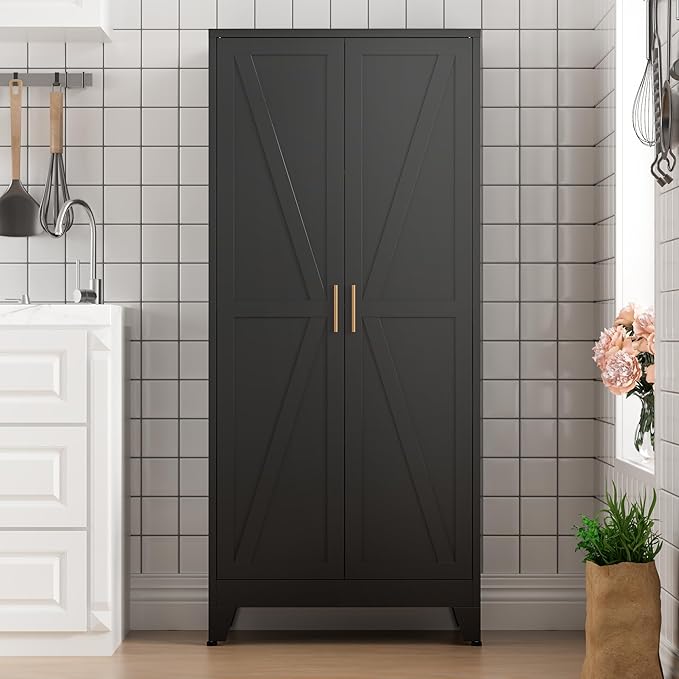 COFaR Black Farmhouse Storage Kitchen Pantry Cabinet with 2 Barn Door, 4 Adjustable Shelves and Legs, for Cupboard/Dining Room/Bathroom/Living Room/Office/Laundry Room (Black, 71" Farmhouse)
