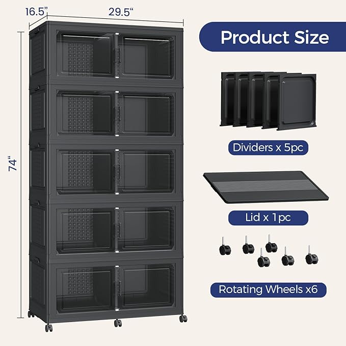 200GAL Storage Bins with Lid and Wheels, Stackable Closet Organizers and Storage Drawer, Collapsible Storage Box with Dividers, Foldable Plastic Cabinets for Room, Kitchen, 5 Pack Black
