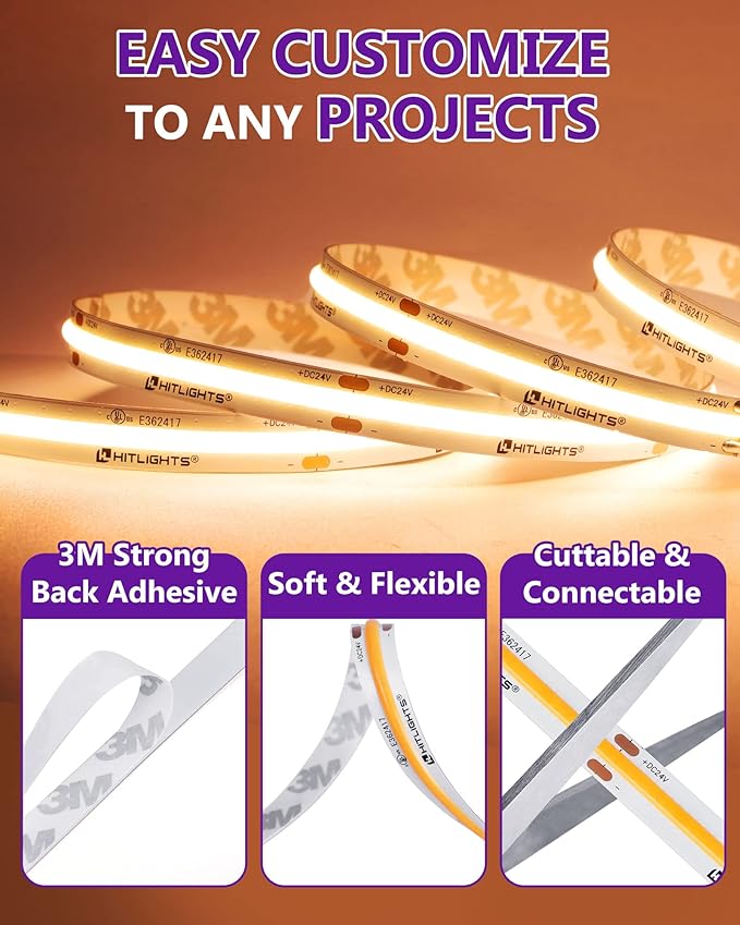 HitLights COB LED Strip Lights Warm White 2700K, 16.4ft Premium High Density 24V Tape Light, 2560 LEDs, 350+ LM/FT, CRI 90+, IP30, Lighting for Kitchen, Cabinets, UL Listed (Power Source Not Included)