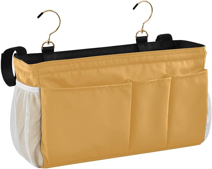 KOPIRIT Mustard Yellow Bedside Caddy Storage Bag Bedside Organizer for Bunk Bed Headboards College Hanging Bag Bedside Shelf 6 Pockets with Hooks for Magazine Water Bottle Holder