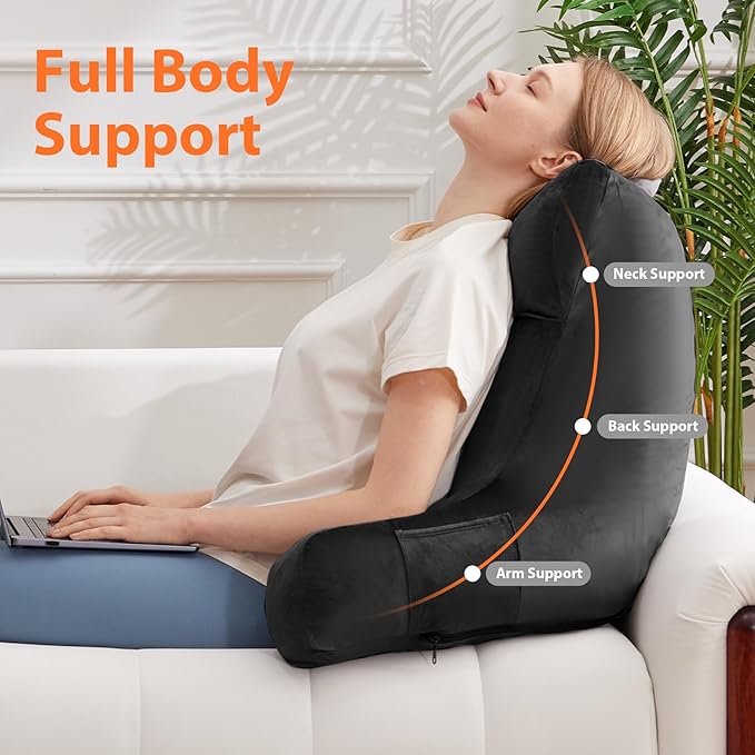 IPYNBAP Reading Pillow with Arms for Adult, Back Pillow for Bed Sitting Up, Shredded Memory Foam Backrest Pillow with Pockets & Removable Washable Cover, Lounging, Watching TV, Reading(24inch Black)