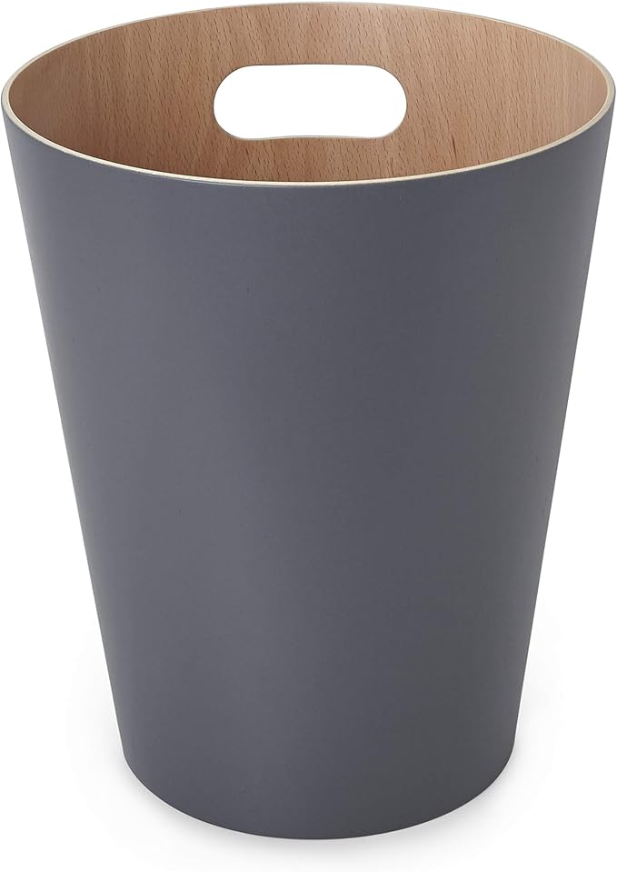 Umbra Woodrow 2-Gallon Modern Wooden Trash Can Wastebasket, Attractive Bin for Garbage or Recycling, Suitable for Home or Office, Dark Grey/Natural