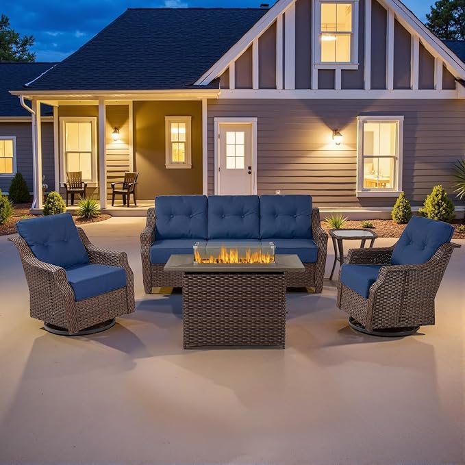Belord Wicker Patio Furniture Set with 41” Fire Pit Table - Swivel Rocker Glider Outdoor Chairs with Sofa and Glass Top Side Table, All-Weather Removable 6" Blue Seat Cushion for Warm Patio Evenings