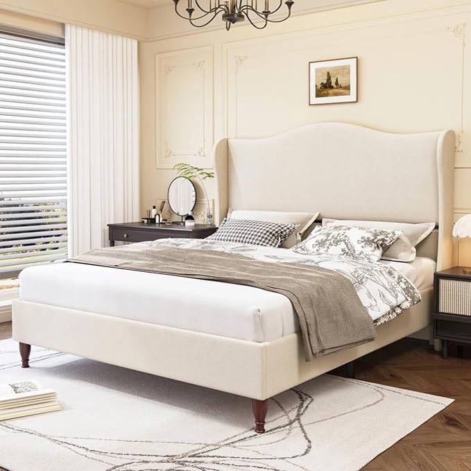 koorlian King Size Bed Frame Fully Upholstered Platform Bed with 51'' Tall Headboard, Sleigh Wingback and Solid Wood Retro Legs, Soft Fabric/Modern Minimalist Style/Easy Assembly, Beige