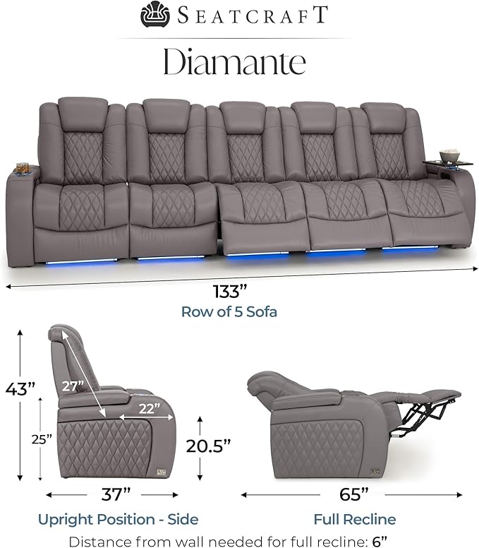 Seatcraft Diamante Zero-Gravity CoolZero Italian Leather Home Theater Seating, Power Headrest, Power Recline, Row of 5 Sofa, Gray