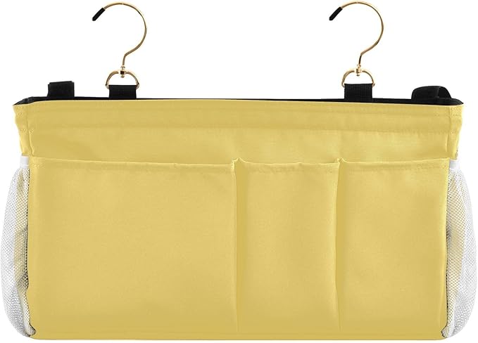 KOPIRIT Lemon Yellow Bedside Caddy Storage Bag Bedside Organizer for Dorm Room Top Bunk Bed Hanging Bag Bedside Shelf 6 Pockets with Hooks for Glasses Book Tablet Holder