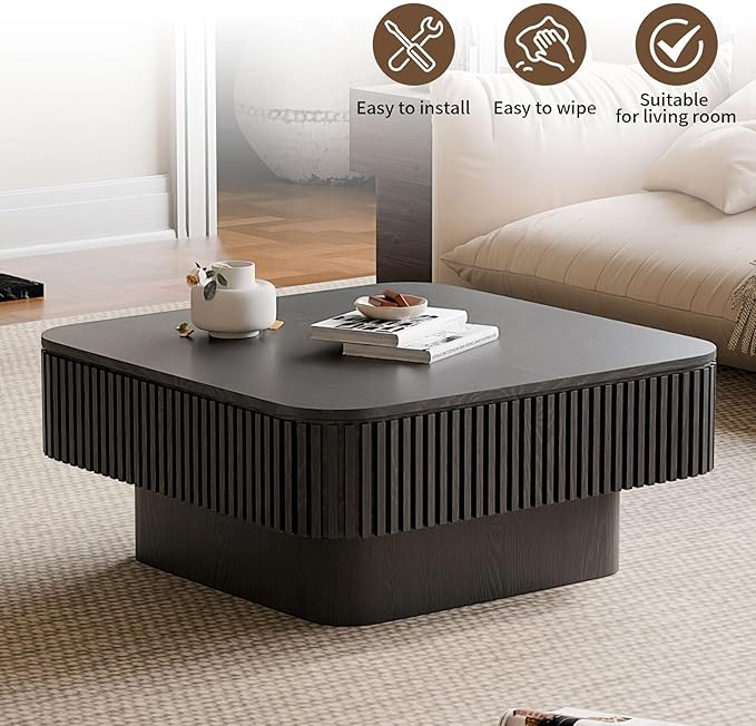 LKTART Coffee Table for Living Room, Accent Fluted Square Coffee Table with Hidden Storage, Modern Solid Wood Veneered Circle Center Tea Table for Small Space Apartment (31.5''D×14''H-Black)