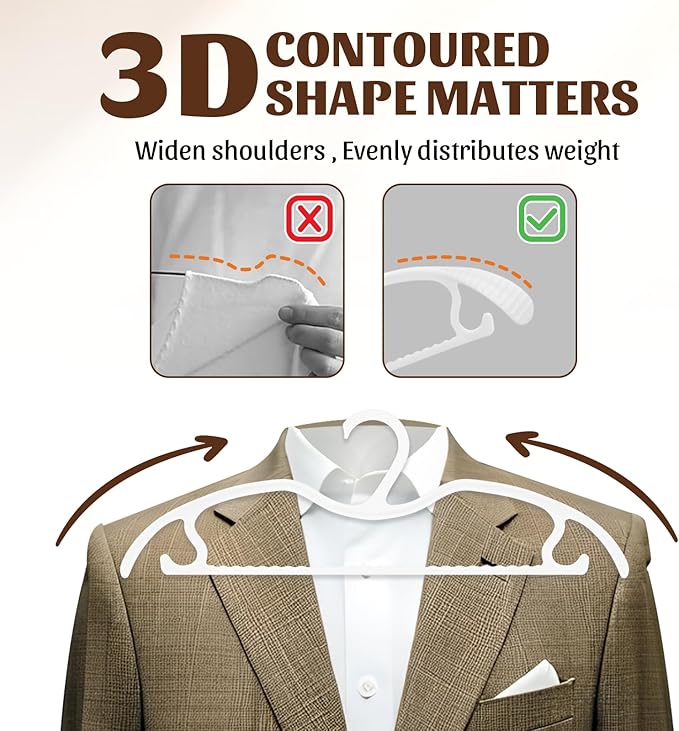 24 Pack Upgraded Short Neck Vertical Space Saver Hangers Heavy Duty Wide Shoulder Clothes Hangers Built-in Dual Hooks Wave Pattern Non-Slip Plastic Hangers for Coats Suits Dresses Pants - White