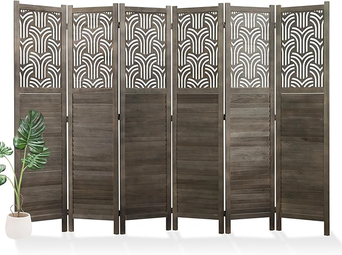 Svimi Folding Room Divider, 66.9 Inch 6 Panels Wood Carved Privacy Screens, Free Assembled Freestanding Portable Separation Wall for Home Office Restaurant Bedroom (Gray)