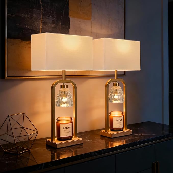 PoKat Gold Table Lamps with Candle Warmer & Timer for Bedroom, Mid Century Modern Modern Bedside Lamps Set of 2 for Night Stands, 21.5'' Bedroom Lamps Decor for Living Room Hallway, Bulbs Included