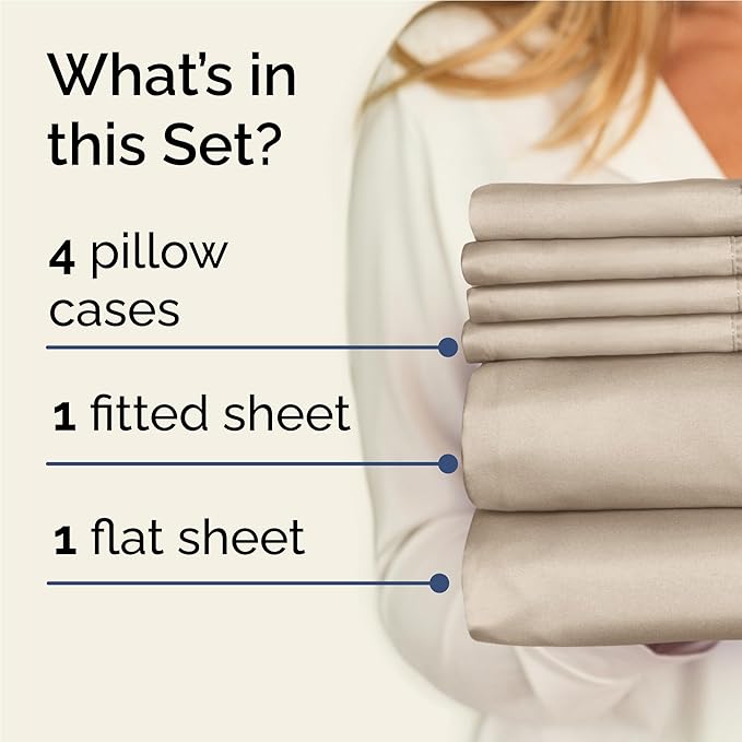 Full 6 Piece Sheet Set - Cooling, Comfy & Breathable - Hotel Luxury Bedding, Includes Fitted Sheet for Women, Men, Kids and Teens - 1 Flat, 1 Fitted Sheet, 4 Pillowcases with Deep Pockets - Cream