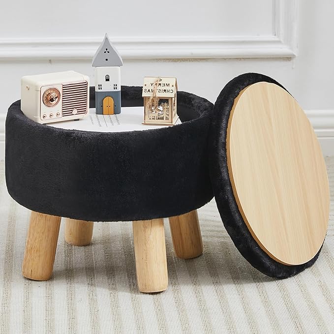 FIMIVIBI Small Foot Stool Ottoman with Storage, Soft Faux Fur Ottoman Foot Rest for Couch, Round Footstool with Storage, Small Ottomans and Footstools for Living Room and Entryway (Black)