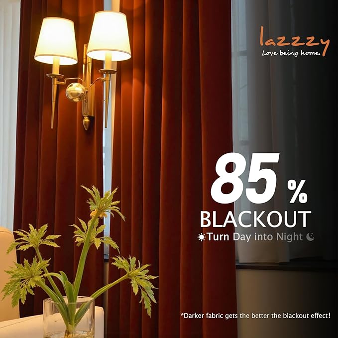 Lazzzy Velvet Blackout Curtains Thermal Insulated Room Window Drapes Super Soft Luxury Curtains for Living Room Bedroom Rod Pocket 2 Panels, Rust Red, 52" W x 63" L