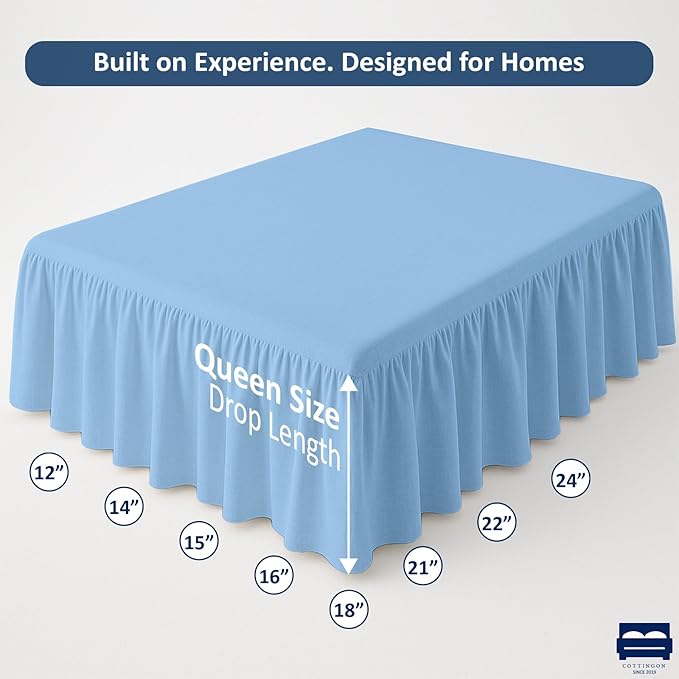 Cottingon Bed Skirt Queen 12" Drop with Split Corners, 100% Microfiber Soft and Stylish, Dust Ruffle with Platform, Light Blue