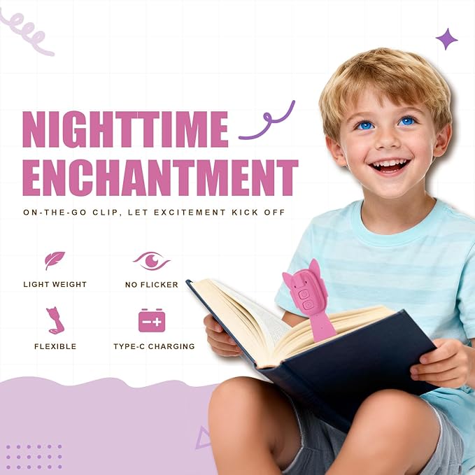 Rechargeable Book Light for Kids at Night – Portable Clip-On LED Light with Dimmable Brightness Ideal for Kids & Adults, Bedtime & Travel–Eye-Caring, Flexible, Gift for Book Lovers,Pink