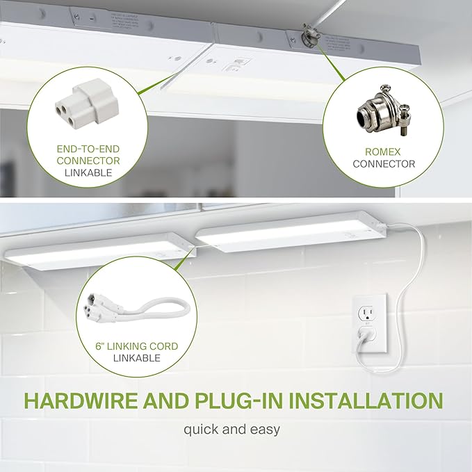 ASD 20 Pack 12 Inch LED Under Cabinet Lighting Plug in or Hardwired, High/Low/Off Switch, 5W 120V 3 CCT 2700K/3000K/4000K CRI90+, Triac Dimmable Linkable Under Counter Lights for Kitchen, ETL, White