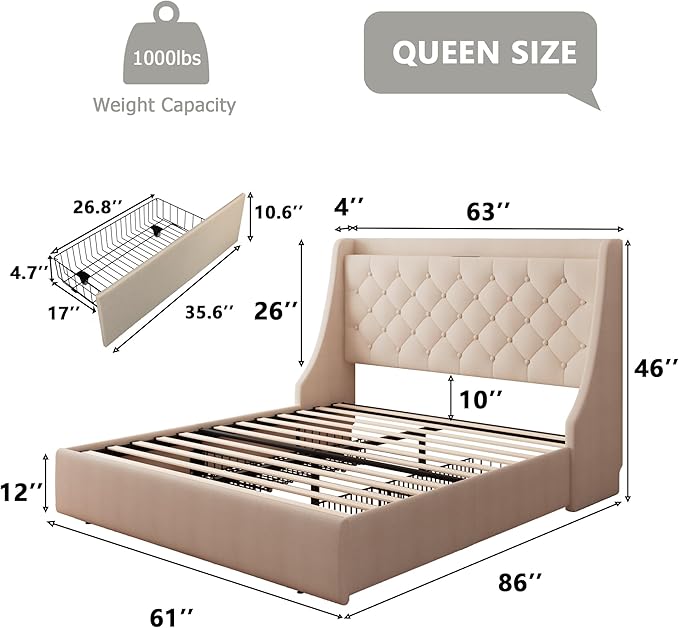 Feonase Upholstered Queen Bed Frame with 4 Storage Drawers, Charging Station and Tufted Wingback Storage Headboard, No Box Spring Needed, Easy Assembly, Beige