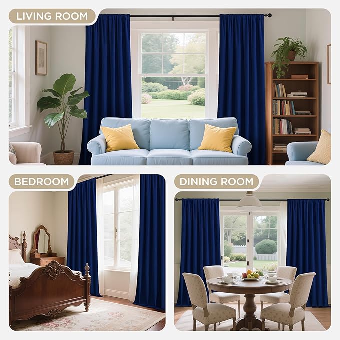 Joydeco Royal Blue 100% Blackout Curtains 120 Inch 2 Panels, Luxury Thermal Royal Blue Velvet Curtains for Bedroom Living Room, Soundproof Blackout Window Drapes, Rod Pocket & Back Tab (52W x 120L)
