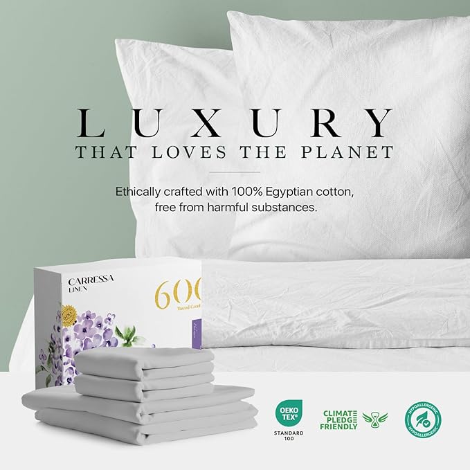 Carressa Linen California King Egyptian Cotton Sheet Sets - 600 Thread Count Cal King Cotton Sheet Set (4 PC, Silver Gray), Extra Soft, Cooling, 16" Deep Pocket Sateen Weave Luxury Hotel Bed Sheets