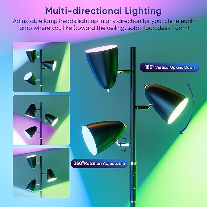 QiMH LED Floor Lamp for Living Room, 36W Modern Standing Lamp with 3 Lights, Tree Floor Lamp for Bedroom with 4 Colors Changing& RGB Mode, Remote and Touch Control Stepless Dimmable Tall Lamp, Black