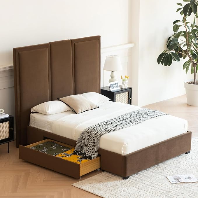 YUHUASHI Queen Size Bed Frame with 64-inch High Headboard, Simple and Airy Linen Upholstered Platform Bed with Storage Drawers, Wood Slat, No Noise (Brown, Queen)