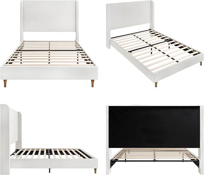 Queen Size Upholstered Bed Frame, Harper 54" Tall Headboard Platform Beds, Wingback Headboard Bedframes/No Box Spring Needed/Easy Assembly/Elegant Simplicit, Ivory Chenille